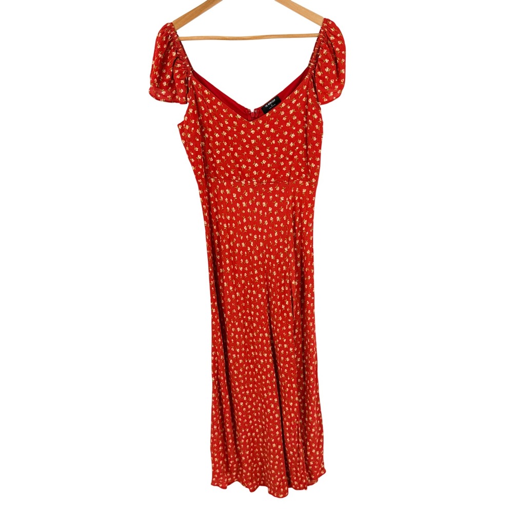 The Workshop Maxi Dress Red Medium Floral Puff Sleeve V-Neck Slit Garden Cottage